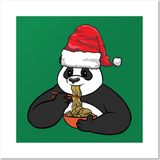 Santa Hat-Wearing Panda Eating Ramen Funny Christmas Holiday Posters and Art